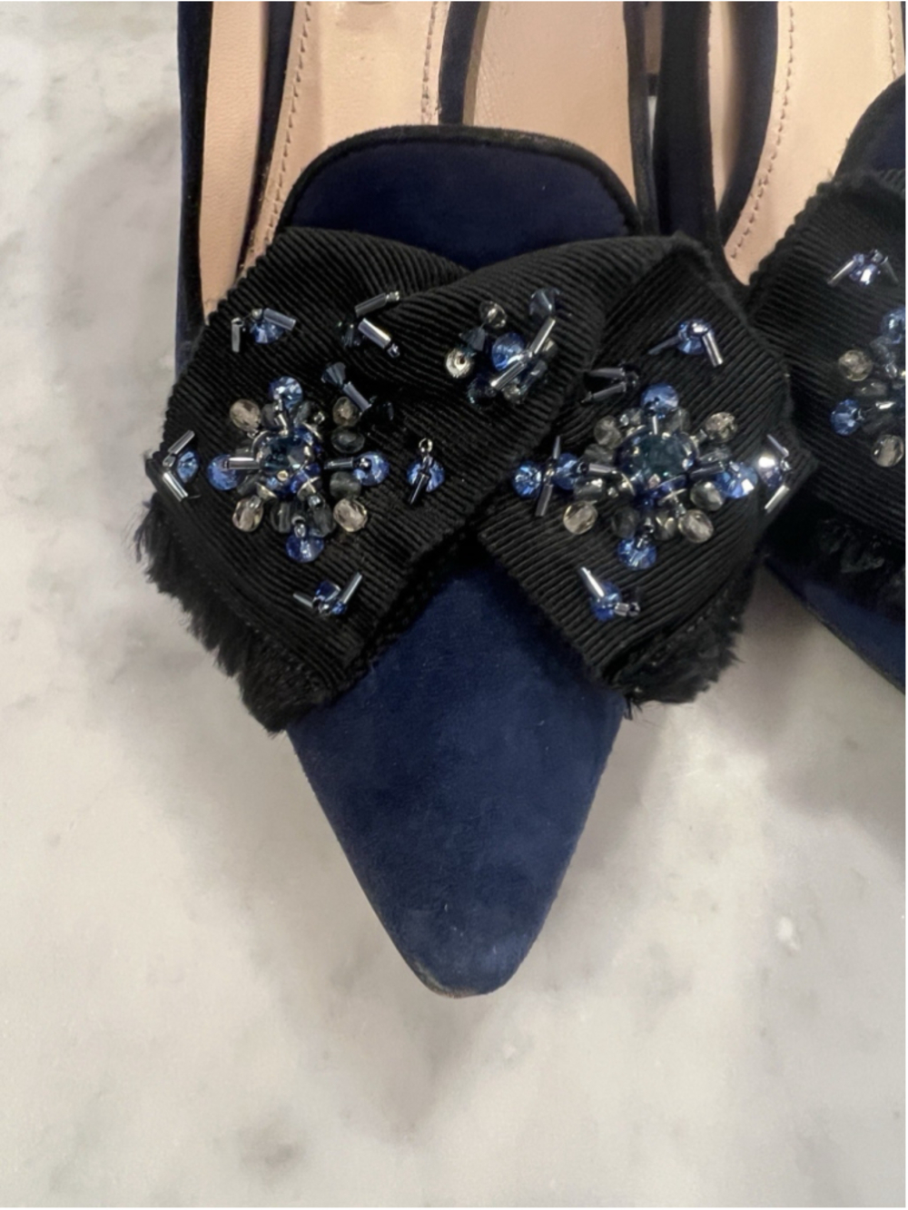 Prada Suede Beaded Bow Navy Blue Designer Heels Sz 39 (8.5/9) With Original Box - Picture 5 of 16